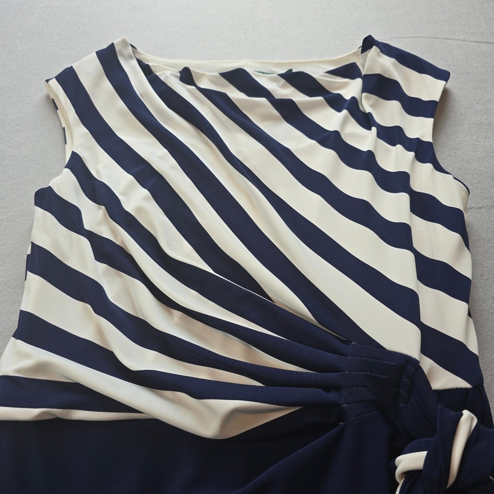 Lauren Ralph Lauren Navy White Striped Faux Wrap Sheath Dress 8P Tie Waist - Picture 5 of 7